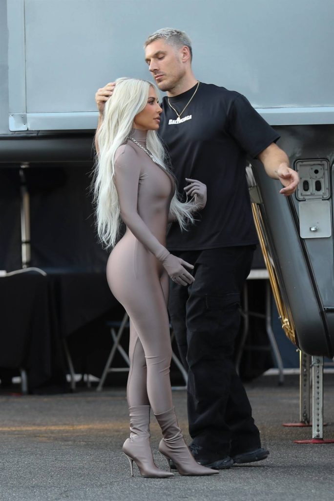 kim kardashian in a skin tight steel colored ensemble shoots a commercial for hulu in la 23