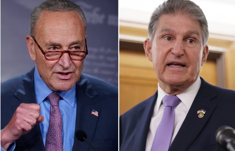In a composite photo, U.S. Democratic Sen. Chuck Schumer, left, speaks at a media conference. U.S. Democratic Sen. Joe Manchin, right, speaks to reporters outside a Senate Committee hearing room. 