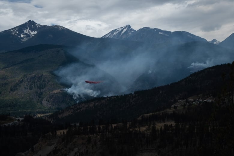 A red plane flies over smoky terrain.