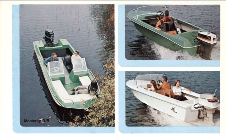 A page from an old catalog shows three boats, with the Mercury model Runabout seen in the upper right of the image
