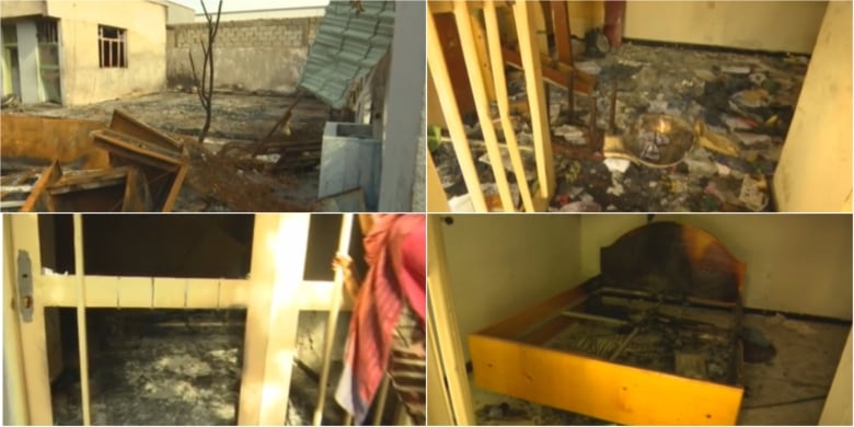 A collage of burned down household objects and rooms.