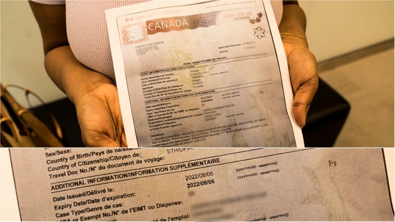 A woman holds up a copy of a Canadian immigration document. The date shows Aug. 6, 2022 for both issue and expiration dates.