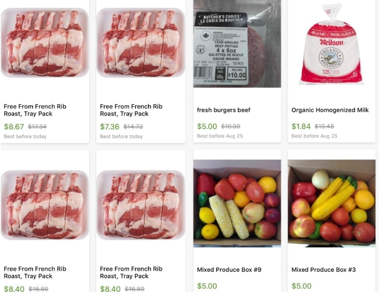 Photos of steaks, hamburgers, a bag of milk and boxes of fruits and vegetables with prices below each image. 