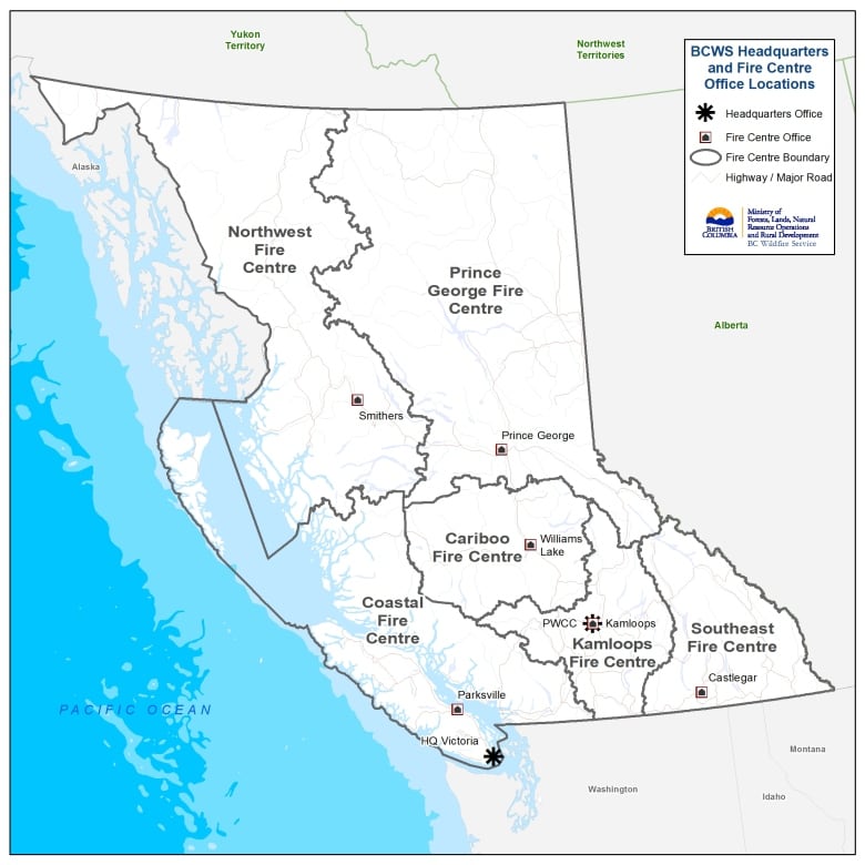A map showing the different regional fire centres within British Columbia. 
