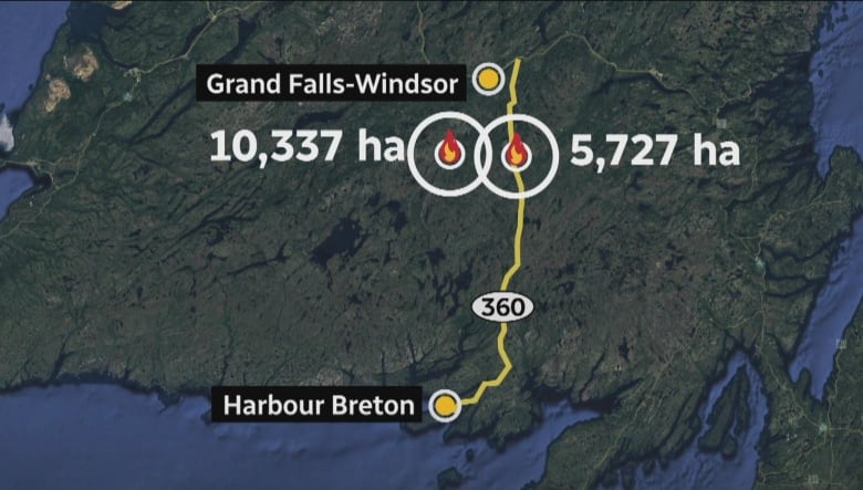 A map showing the locations of two fires in Newfoundland.