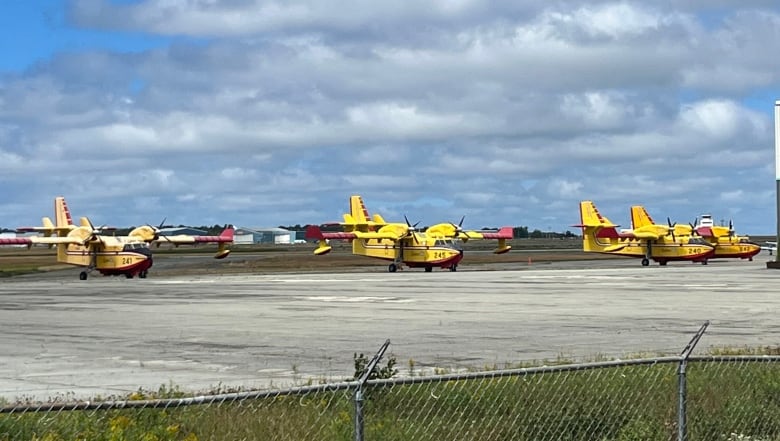 Three water bomber airplanes sit on a runway at Gander International Airport.