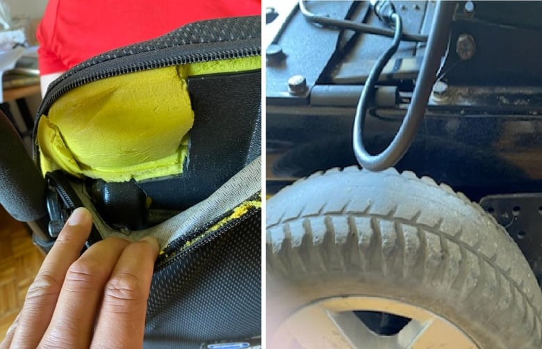 Two closeups, side by side, of damage to parts of an electric wheelchair.