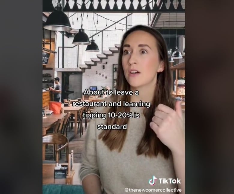 Kate Malcolm is shown in a screenshot of a TikTok video she made outlining her culture shock since arriving in Canada, from the UK, 5 years. In this shot it's highlighting Canada's tipping culture. 
