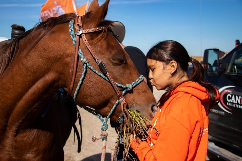A girl kisses her horse on the nose.