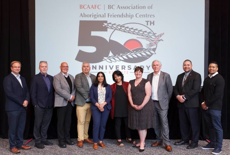 A line of 10 people stand in front of a large screen showing the logo for the British Columbia Association of Aboriginal Friendship Centres.