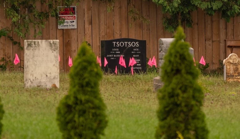 A headstone bearing the name 'Tsotsos' stands in a cemetery.
