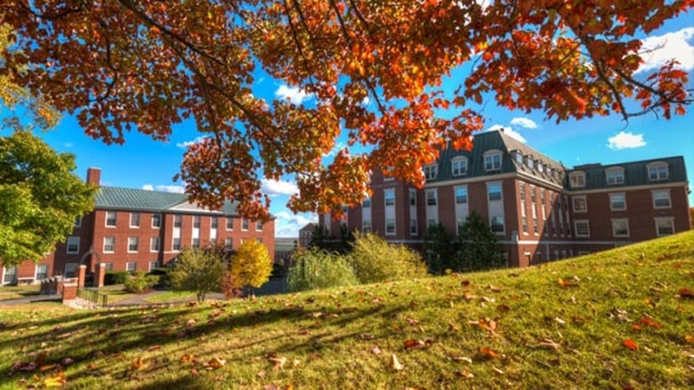 Fall foliage is in the foreground, with two red brick campus buildings in the background 