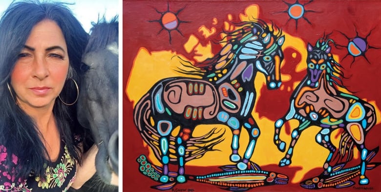 On the left is a woman standing beside a horse, and on the right is a colourful painting depicting two horses.