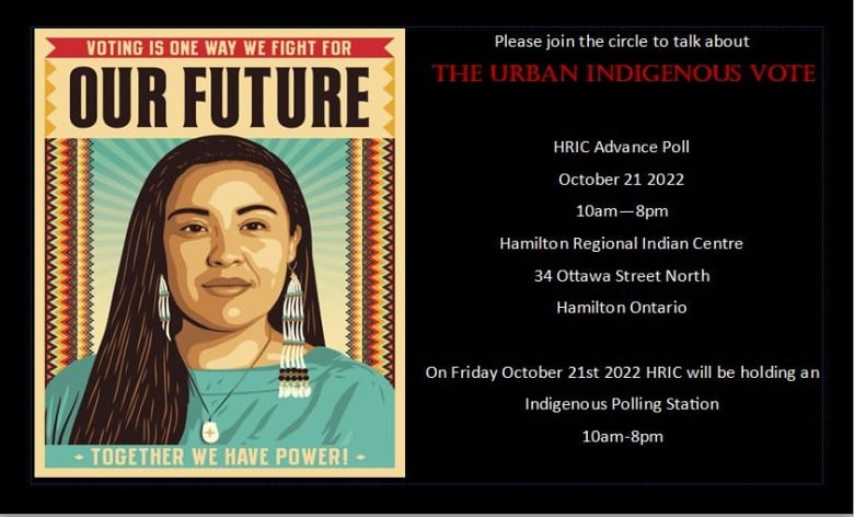 A poster with a drawing of an Indigenous, with information on when and where you can vote on the right hand side. 