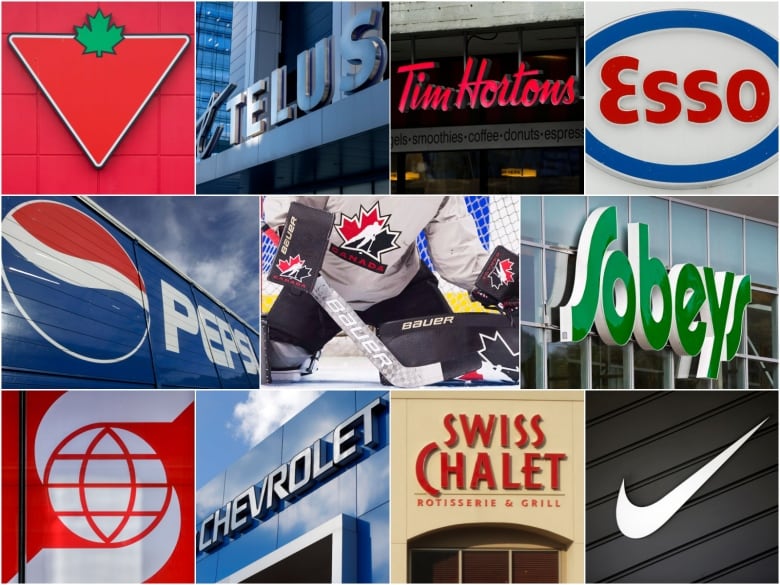 A composite image shows logos and signs for Canadian Tire, Telus, Tim Hortons, Esso, Pepsi, Bauer, Sobeys, Scotiabank, Chevrolet, Swiss Chalet and Nike. 