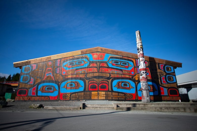 A large hall with Indigenous artwork next to a totem pole.