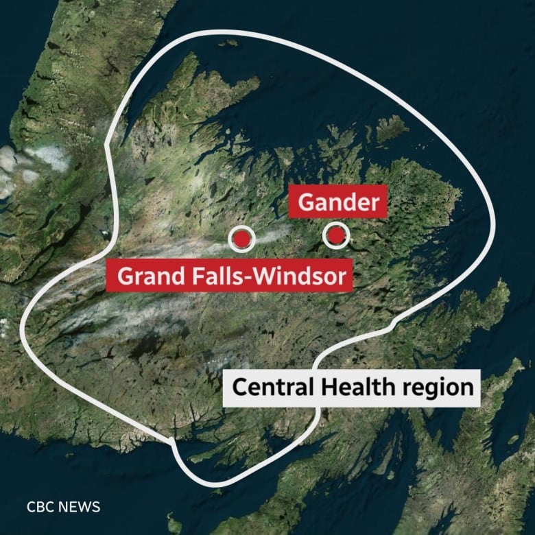 A map shows a vast land mass as well as two red dots signifying where Gander and Grand Falls-Windsor are relative to the Central Health region. 