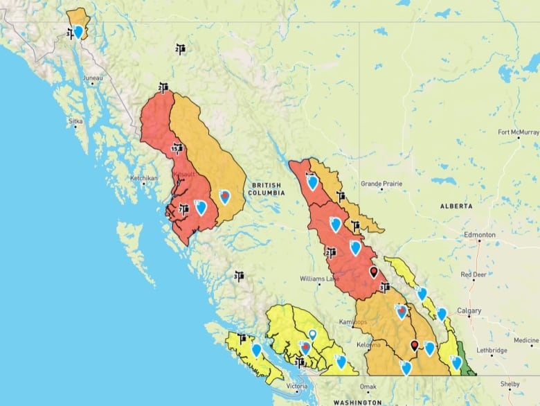 A map shows avalanche risk in the province is low on B.C.'s south coast, moderate to high in the Interior, and moderate to high on B.C.'s northwest coast. 