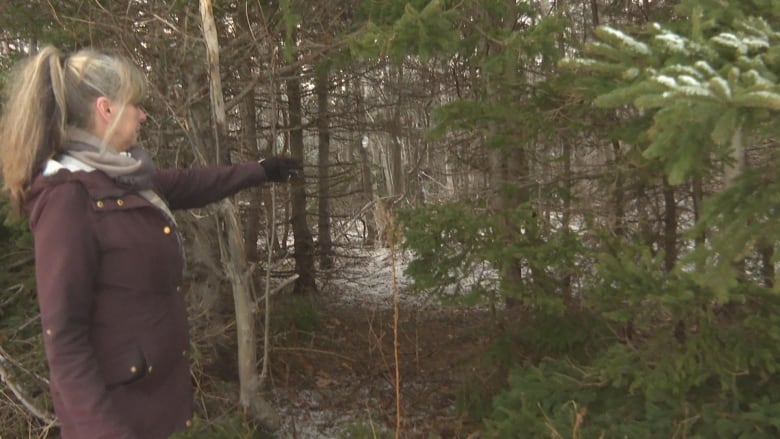Debbie Travers point to where her dog Caspie was found dead in the illegal snare. 