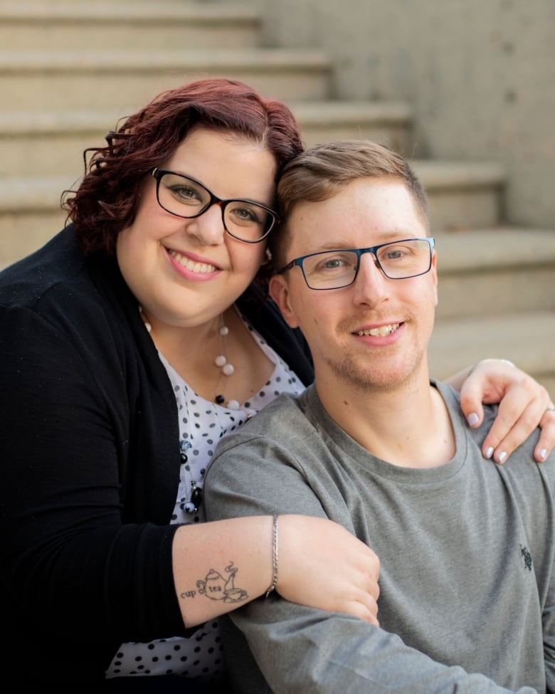 Sasktaoon resident Lesly Humble poses with her husband, Landon, in October 2021. Lesly has cerebral palsy and has been on a wait-list for a service dog since January 2019.
