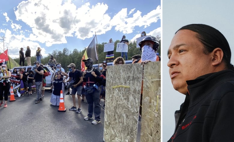 The composite photo shows, on the left, a group of people holding up signs and flags. On the right side of the composite is a profile of an Indigenous man looking to the left.