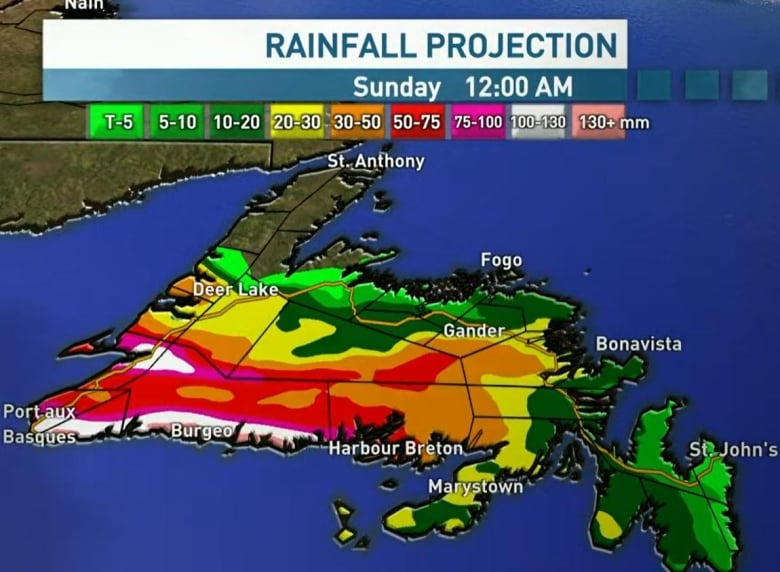 A weather map shows rainfall amounts for Newfoundland. Some areas are highlighted in white, which indicates 100 to 130 mm of rainfall.