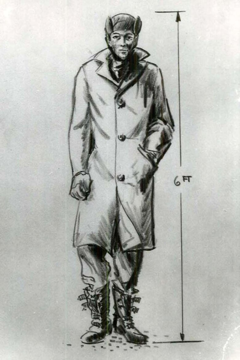 A sketch of the man last seen with Susan Cadieux. He was described as white, 30-40 years old, tall, thin, and unshaven. He was wearing a light brown overcoat which was unbuttoned, unbuckled black galoshes that flapped openly, and a dark Russian style or army Melton hat with ear flaps.