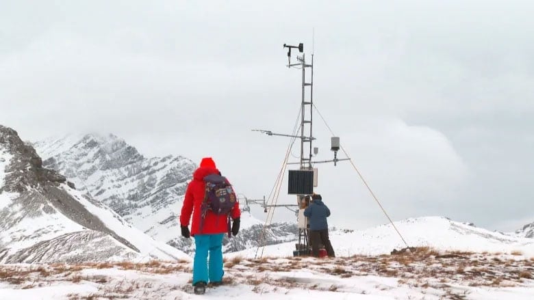 Researchers on a mountain tweak equipment to measure snowfall.