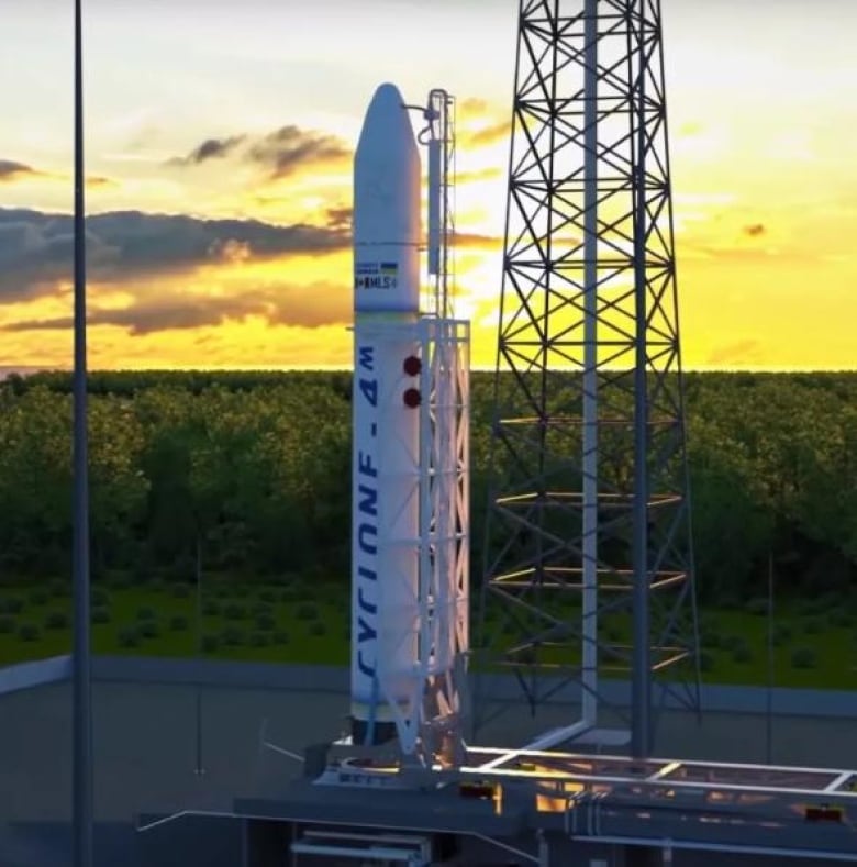 A rendering shows a white rocket on a launch pad with trees and sky in the background.