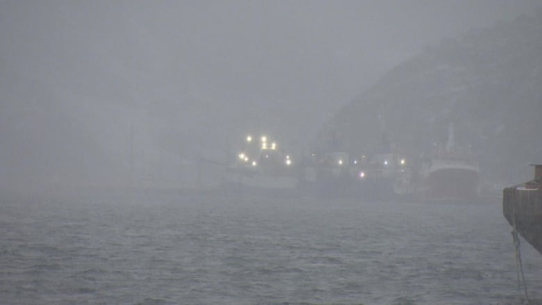 Boat lights are seen through the white haze of a winter storm.