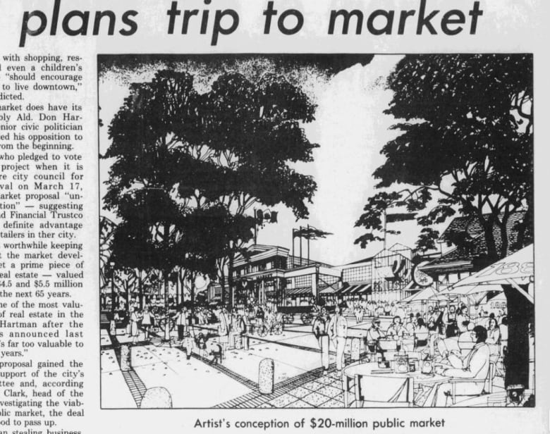 A newspaper clipping that features a rendering of an Eau Claire market that uses the former transit garages.
