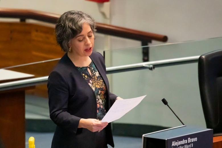 Coun. Alejandra Bravo speaks at Toronto's last city council meeting of 2022. Bravo is a member of the budget committee and says she will be proposing some amendments to the city spending package on Tuesday.