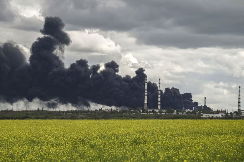 Smoke rises from a refinery, with a golden farmer's field in the foreground.