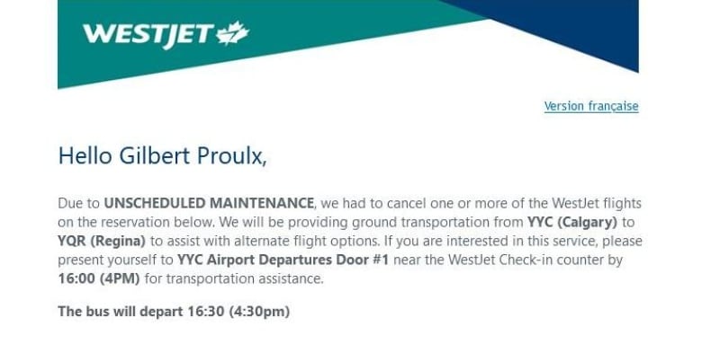 An email from WestJet explains a flight has been cancelled and passengers will be offered ground transportation.