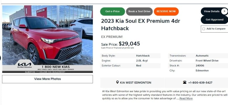 A screenshot of the advertised price for a 2023 KIA Soul from KIA West Edmonton's website. The car is bright red, and positioned beside pricing information. 