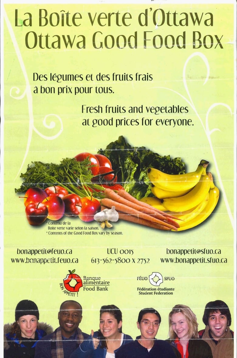 A food bank flyer with a row of smiling student faces at the bottom.