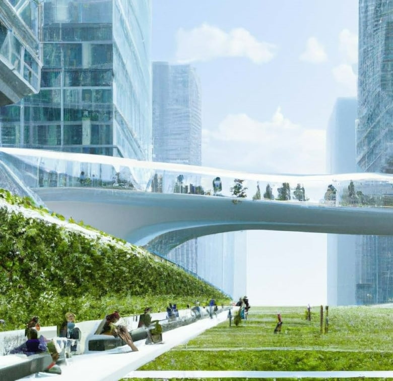 blue and green city scape with people sitting by a green hill with a glass bridge above them