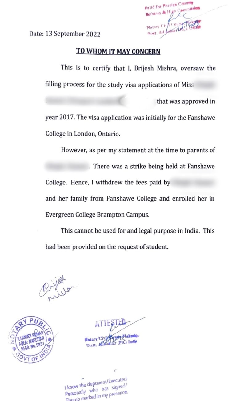 The Fifth Estate obtained a letter signed by Mishra in September 2022 that states Mishra withdrew the tuition fees paid by the student and her family to attend Fanshawe College in London, Ont., a public college, and then enrolled her in the tiny Evergreen College. 
