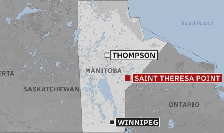 A map shows the distances between Winnipeg, St. Theresa Point First Nation, and Thompson in Manitoba.