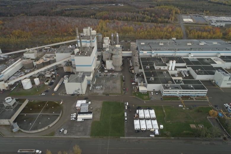 An aerial view of a multi-building paper plant.