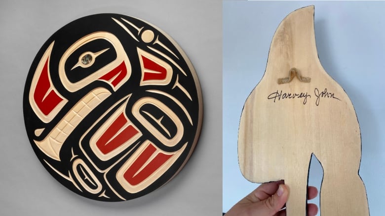 A nocarving by phoney Indigenous artist 'Harvey John' is shown at left. The artist's signature is shown at right on another piece.