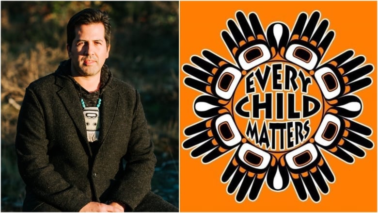 Andy Everson, left, designed the logo pictured on the right, featuring four sets of hands encircling the words 'Every Child Matters' against an orange backdrop. 