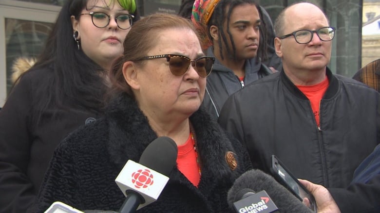 Victoria McIntosh speaks to reporters after court appearance, in trial of Arthur Masse, retired Manitoba priest accused of indecent assault at residential school