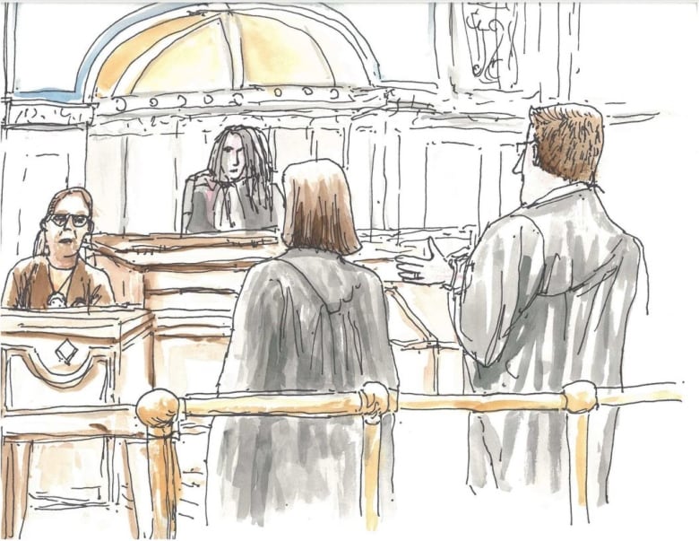 Sketches from first day of the trial of Arthur Masse, a retired priest facing a charge of indecent assault against a 10-year-old girl more than 50 years ago, when he worked at a Manitoba residential school. Sketch done on Tuesday, March 7, 2023. Shown in sketches are Justice Candace Grammond, Crown Danielle Simard, Masse's lawyer George Green, Arthur Masse (on witness stand) and Victoria McIntosh (on witness stand).