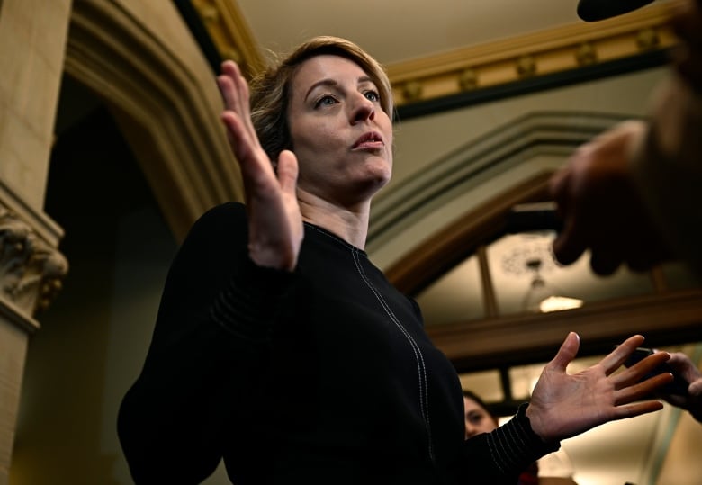 Minister of Foreign Affairs Melanie Joly speaks to reporters before heading into a meeting of the Liberal caucus, on Parliament Hill in Ottawa, on Wednesday, March 8, 2023.