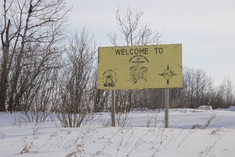 The welcome sign to James Smith Cree Nation, which is located about 200 kilometres northeast of Saskatoon.