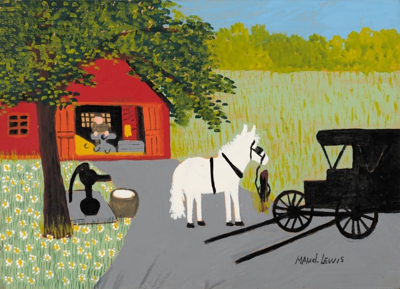 A painting of a red barn with a white horse and a black stationwagon in front of it.
