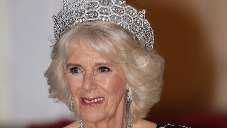 White haired woman wearing a sparkly crown