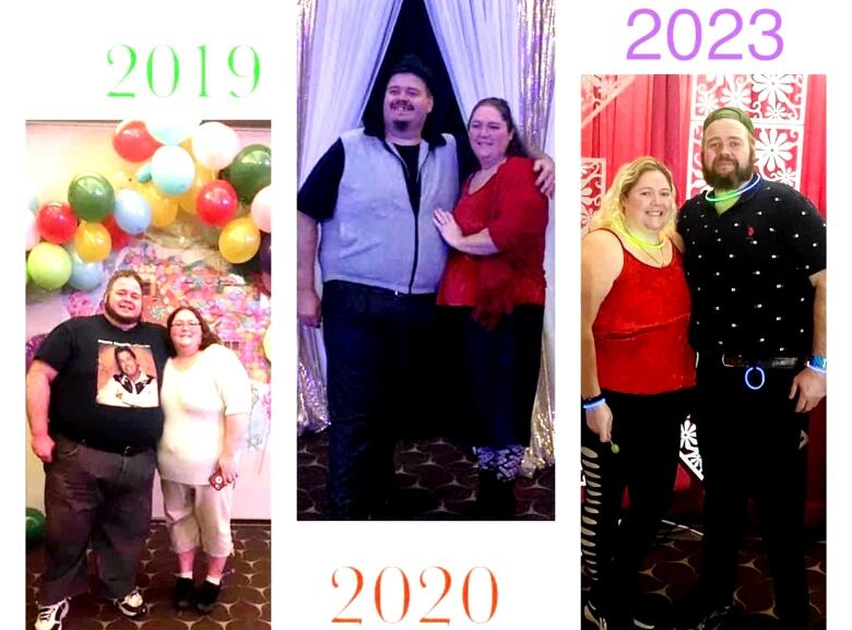 A collage of three pictures of Tom Smith and his wife showing his weight loss over the course of three years.