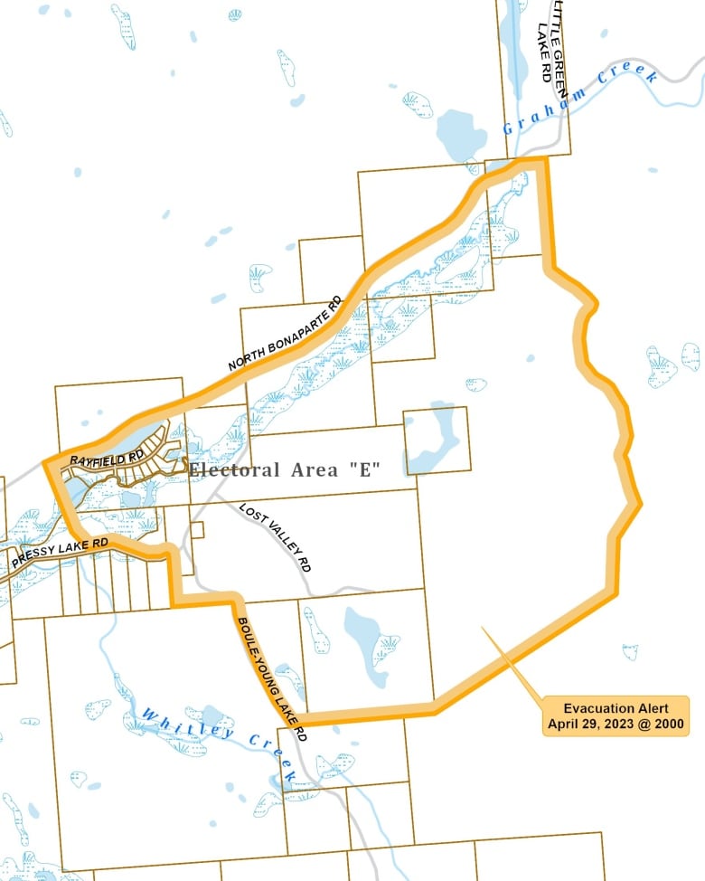 A map shows the boundaries of an evacuation order. Text says "Evacuation Alert April 29, 2023 @2000"